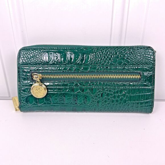Anne Klein Wallet Women's Green Leather Crocodile Zip Around Gold Charm - Picture 1 of 13